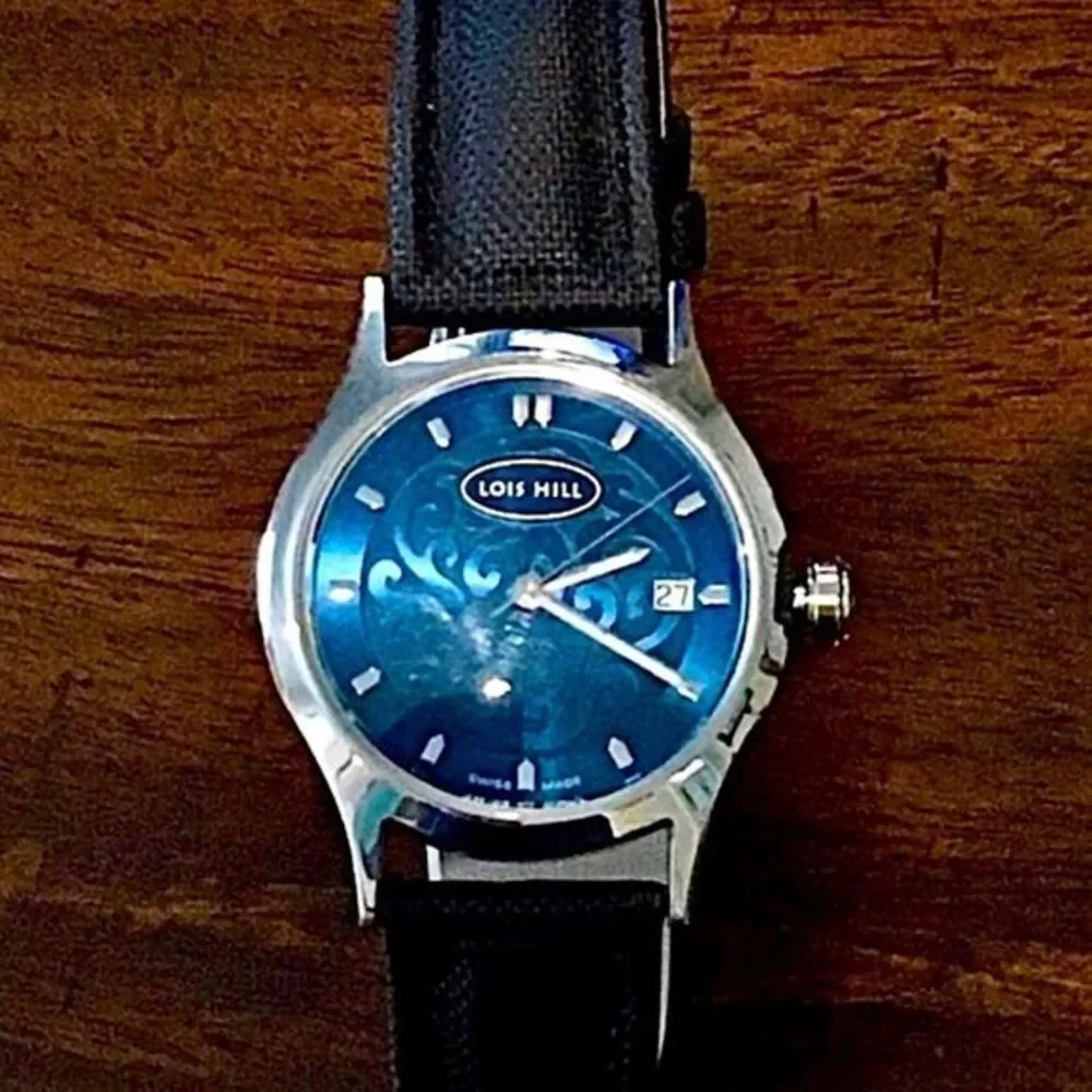 LOIS HILL Swiss Blue Round Face Watch with Black Leather Replacement Band